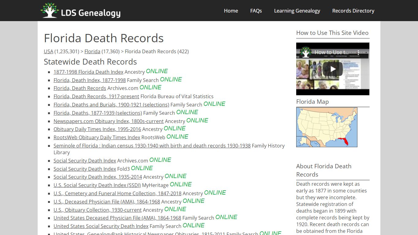 Florida Death Records - LDS Genealogy